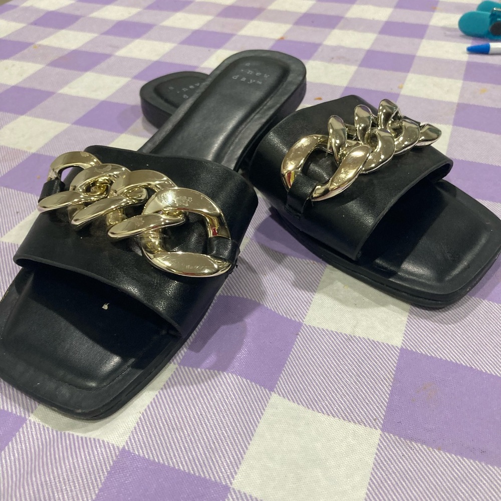 Black Slide Sandals with Gold Chain Accent